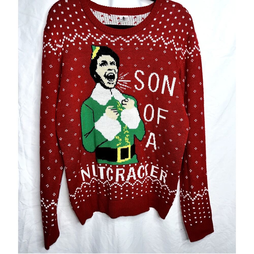 Elf Mens Size Large Son Of A Nutcracker Red White Green Christmas Sweater
